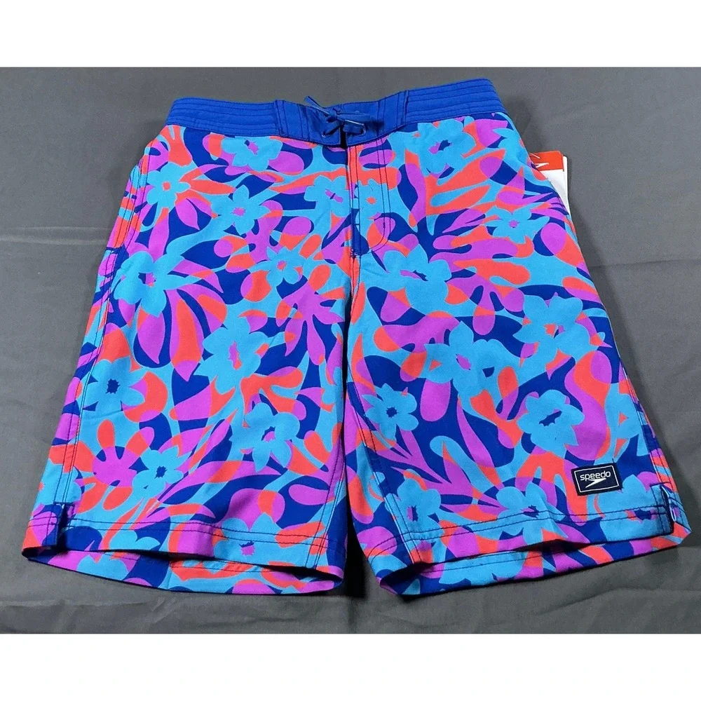 Speedo Mens Floral Print Swim Trunks Blue Orange Board Shorts Small 800464701384